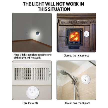 Night Light for Home Safety in Dark Hallways at Night showing motion sensor placement warnings near heat, vents, moisture and close fixtures