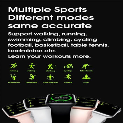 Smart Watch for Everyday Health and Activity Tracking showing multiple sport modes, step count and heart rate on smartwatch display