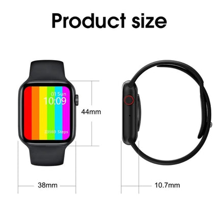 Smart Watch for Everyday Health and Activity Tracking – black 44mm case, 38mm width, 10.7mm thickness, colorful display showing steps and time