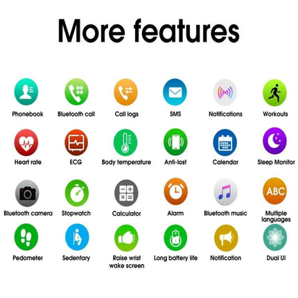 Smart Watch for Everyday Health and Activity Tracking showing icons for heart rate, steps, notifications, sleep monitor, ECG, pedometer, Bluetooth calls, and long battery life