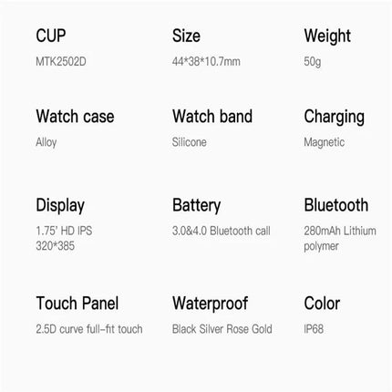 Smart Watch for Everyday Health and Activity Tracking - product specs grid showing size, weight, display, battery, waterproof, materials and Bluetooth features
