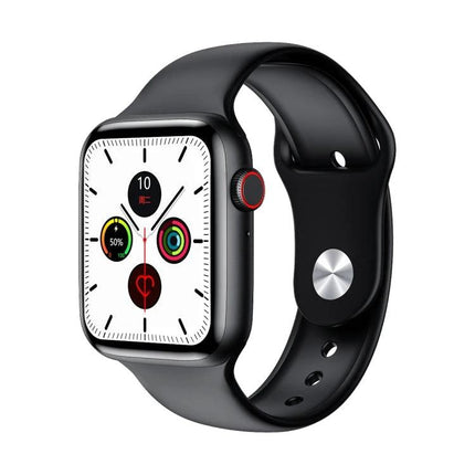 Smart Watch for Everyday Health and Activity Tracking - black fitness smartwatch showing heart rate, activity rings and step tracking on white dial
