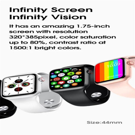 Smart Watch for Everyday Health and Activity Tracking showing three 44mm watches with colorful 1.75-inch infinity screens, activity icons and heart rate display
