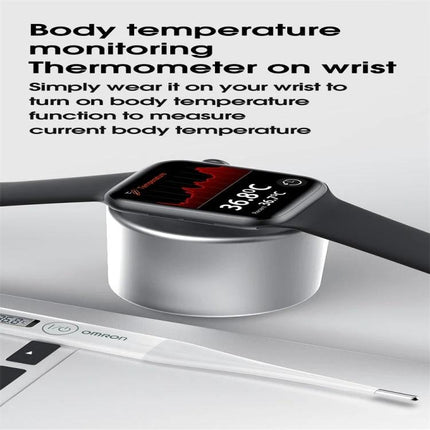 Smart Watch for Everyday Health and Activity Tracking showing wrist body temperature monitoring, heart rate graph and notification-ready design