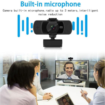 Richwell 360-Degree Rotating Webcam for Video Calls showing webcam with built-in microphone and meeting participants on a screen