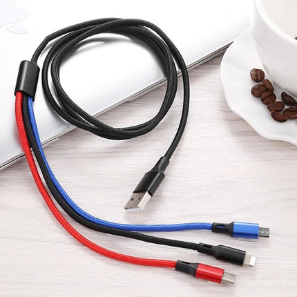 Charging Cable for Daily Device Use at Home or Travel - multi-port 3-in-1 braided USB cable with 8 Pin, Micro USB and USB-C for smartphones and tablets