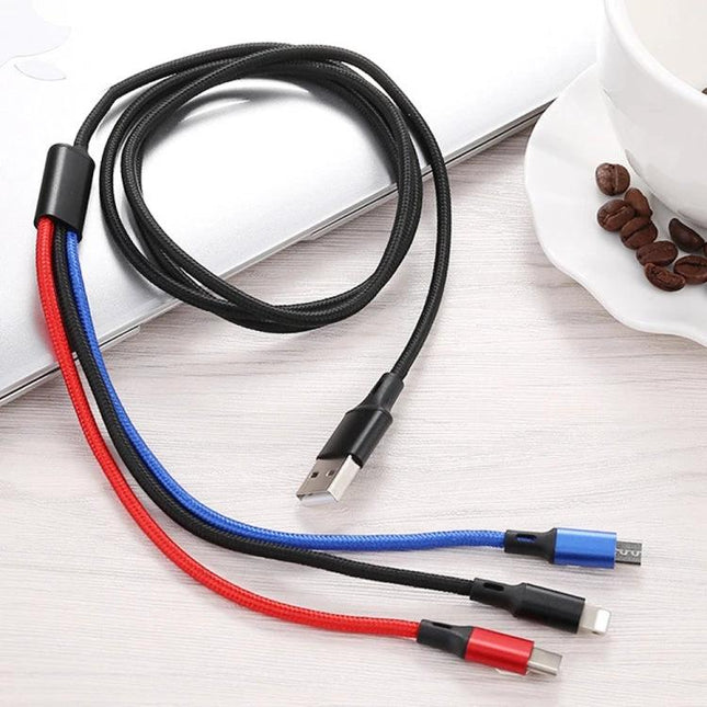 Charging Cable for Daily Device Use at Home or Travel - multi-port 3-in-1 braided USB cable with 8 Pin, Micro USB and USB-C for smartphones and tablets