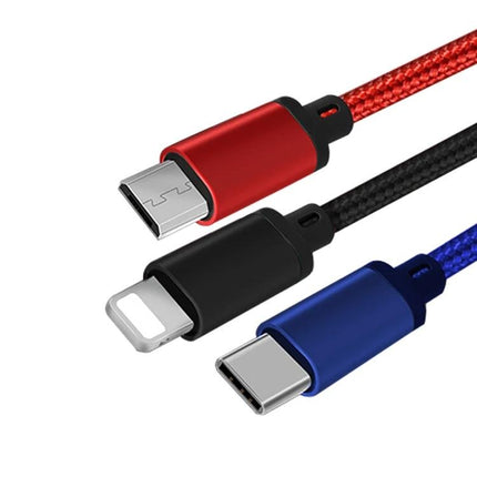 Charging Cable for Daily Device Use at Home or Travel - braided 3-port cable with USB-C, Lightning and Micro-USB connectors for smartphones and tablets