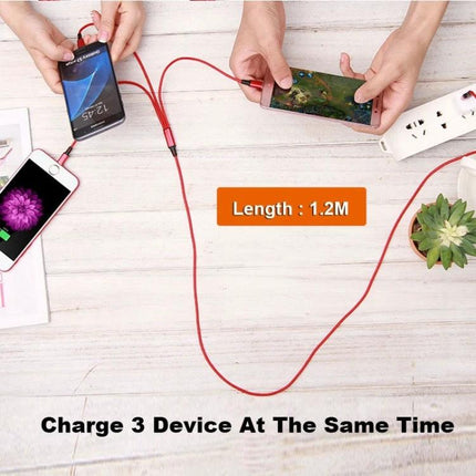 Charging Cable for Daily Device Use at Home or Travel - red 3-port 1.2M cable charging three smartphones simultaneously, tidy travel and home setup