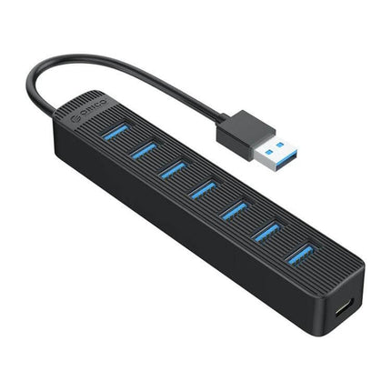 Orico Black 7-Port USB Hub for Connecting Multiple Devices Daily — slim black USB-A 3.0 hub with seven blue ports and attached cable