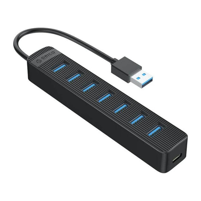Orico Black 7-Port USB Hub for Connecting Multiple Devices Daily — slim black USB-A 3.0 hub with seven blue ports and attached cable