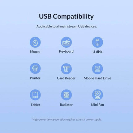 Orico Black 7-Port USB Hub for Connecting Multiple Devices Daily - icons showing compatibility with mouse, keyboard, U-disk, printer, card reader, mobile hard drive, tablet, radiator, mini fan