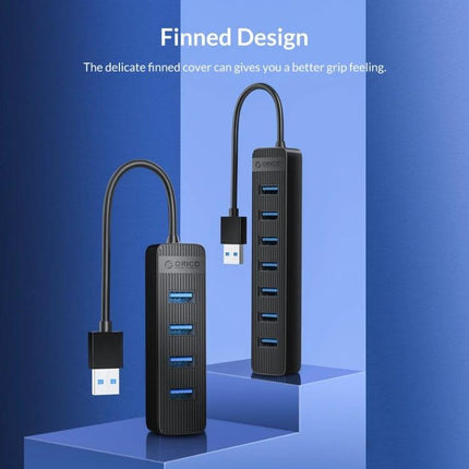 Orico Black 7-Port USB Hub for Connecting Multiple Devices Daily - slim finned USB-A 3.0 hub showing seven ports on blue backdrop