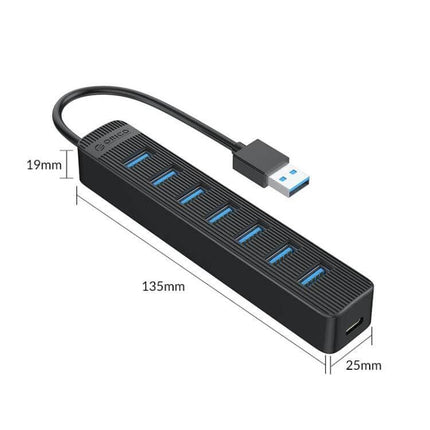 Orico Black 7-Port USB Hub for Connecting Multiple Devices Daily - slim black USB 3.0 hub with seven blue ports and cable, compact 135x25x19mm design