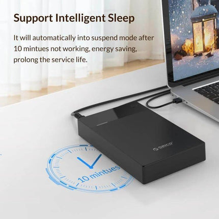 Orico 3.5-Inch Portable External Hard Drive Enclosure black USB-connected to laptop showing intelligent sleep feature