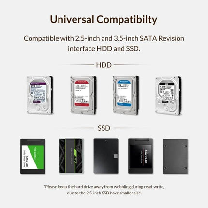 Orico 3.5-Inch Portable External Hard Drive Enclosure showing universal compatibility with 2.5- and 3.5-inch SATA HDDs and SSDs for backups and data transfer