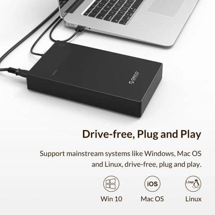 Orico 3.5-Inch Portable External Hard Drive Enclosure connected to laptop, black plug-and-play external drive for Windows Mac Linux backups