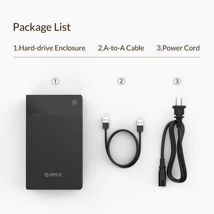 Orico 3.5-Inch Portable External Hard Drive Enclosure with A-to-A USB cable and power cord, package contents for backup and data transfer
