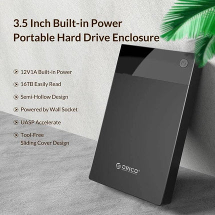 Orico 3.5-Inch Portable External Hard Drive Enclosure showing black semi-hollow tool-free design with built-in power and UASP support