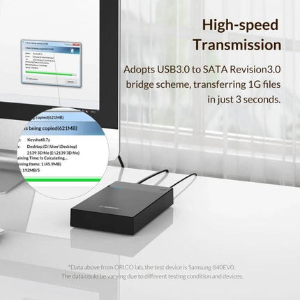 Orico 3.5-Inch Portable External Hard Drive Enclosure shown on desk with USB3.0 high-speed transmission and file transfer status