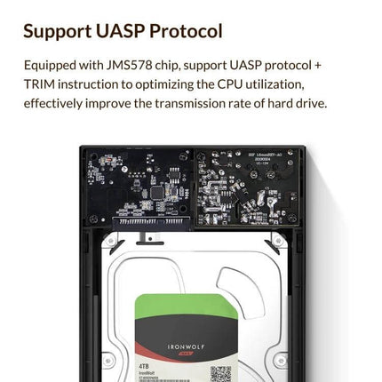Orico 3.5-Inch Portable External Hard Drive Enclosure showing internal HDD and JMS578 board supporting UASP protocol