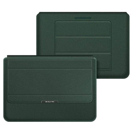 Waterproof PU Leather Universal Laptop Holder Bag for Travel - dark green waterproof PU leather sleeve with built-in stand and breathable design