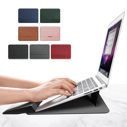 Waterproof PU Leather Universal Laptop Holder Bag for Travel shown propping a laptop with hands typing, breathable stand and travel-ready protective case