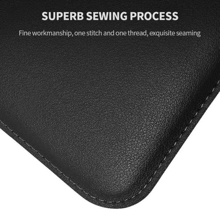 Waterproof PU Leather Universal Laptop Holder Bag for Travel with close-up of black PU leather corner and fine stitching, breathable stand feature