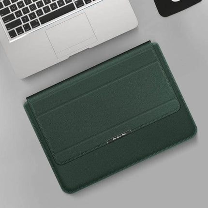 Waterproof PU Leather Universal Laptop Holder Bag for Travel shown in dark green with built-in stand and breathable design