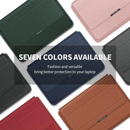 Waterproof PU Leather Universal Laptop Holder Bag for Travel showing seven color options and foldable stand for airflow and protection
