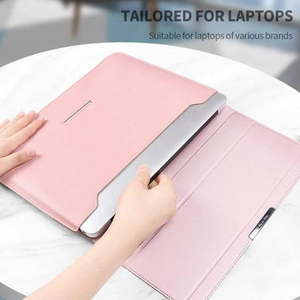 Waterproof PU Leather Universal Laptop Holder Bag for Travel pink sleeve showing laptop being inserted with built-in stand and breathable design