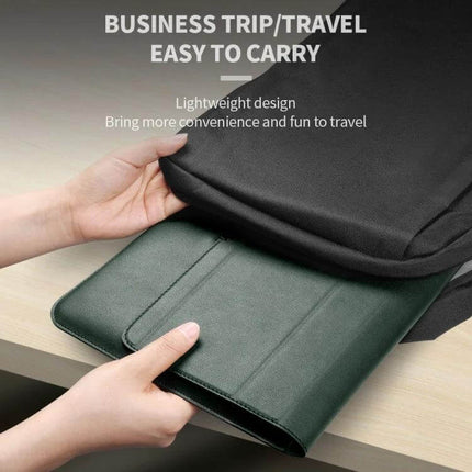 Waterproof PU Leather Universal Laptop Holder Bag for Travel shown being placed into a lightweight travel backpack, breathable built-in stand visible