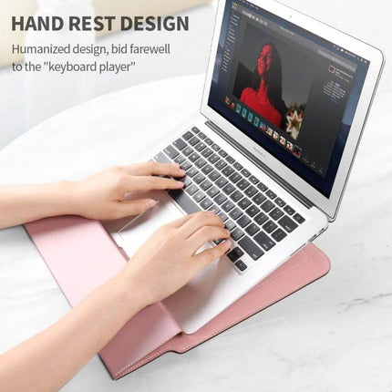 Waterproof PU Leather Universal Laptop Holder Bag for Travel - pink hand rest design shown with laptop and typing hands, built-in stand for airflow