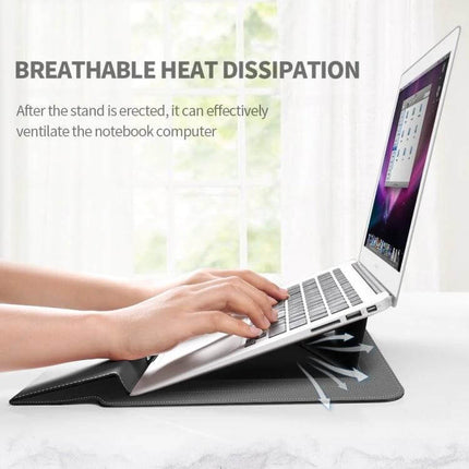 Waterproof PU Leather Universal Laptop Holder Bag for Travel showing hands typing with built-in stand and breathable heat dissipation