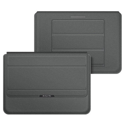 Waterproof PU Leather Universal Laptop Holder Bag for Travel with built-in stand, breathable airflow and secure travel sleeve in dark gray
