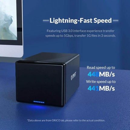 Orico 2-Bay USB Hard Drive Enclosure for Secure Data Storage black dual-bay USB 3.0 enclosure showing read 448MB/s write 441MB/s speeds