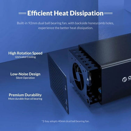 Orico 2-Bay USB Hard Drive Enclosure for Secure Data Storage showing open enclosure, internal fan, honeycomb vent, and removable front panel for cooling