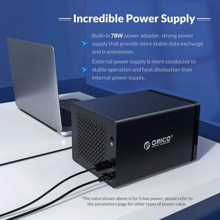 Orico 2-Bay USB Hard Drive Enclosure for Secure Data Storage showing enclosure connected to laptop with power cables
