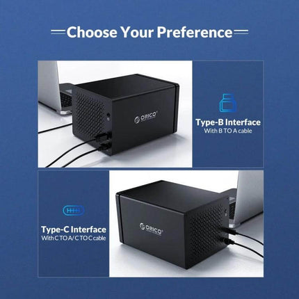 Orico 2-Bay USB Hard Drive Enclosure for Secure Data Storage showing Type-B and Type-C interface options with 3.5-inch HDDs connected