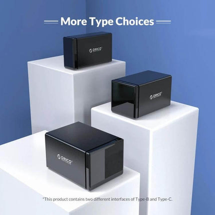 Orico 2-Bay USB Hard Drive Enclosure for Secure Data Storage showing three black enclosures on white pedestals for expandable external NAS-like storage