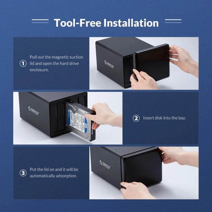 Orico 2-Bay USB Hard Drive Enclosure for Secure Data Storage - tool-free installation showing magnetic lid, inserting 3.5-inch HDD, and closing steps