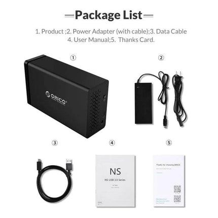 Orico 2-Bay USB Hard Drive Enclosure for Secure Data Storage - product, power adapter, USB data cable, user manual, thanks card