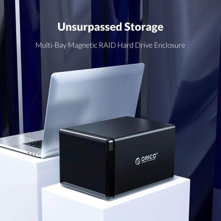Orico 2-Bay USB Hard Drive Enclosure for Secure Data Storage - sleek black external 2-bay enclosure shown beside laptop