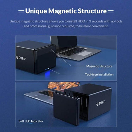 Orico 2-Bay USB Hard Drive Enclosure for Secure Data Storage - black dual-bay magnetic tool-free HDD enclosure with laptop and LED indicator