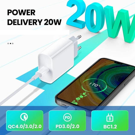 Reliable EU Plug Charger for Travel and Daily Device Use - white 20W PD charger shown charging smartphone with EU two-pin plug