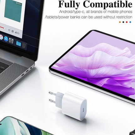 Reliable EU Plug Charger for Travel and Daily Device Use shown beside laptop, tablet, and smartphone to illustrate compatibility and everyday charging