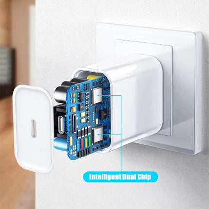 Compact Travel Charger Set for Daily Device Use showing opened white charger with visible intelligent dual chip and Type-C port