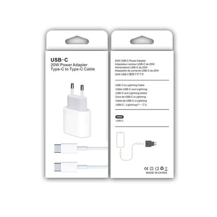 Essential USB-C Travel Charger Set for On-the-Go Needs - white 20W USB-C power adapter and Type-C to Type-C cable in retail packaging