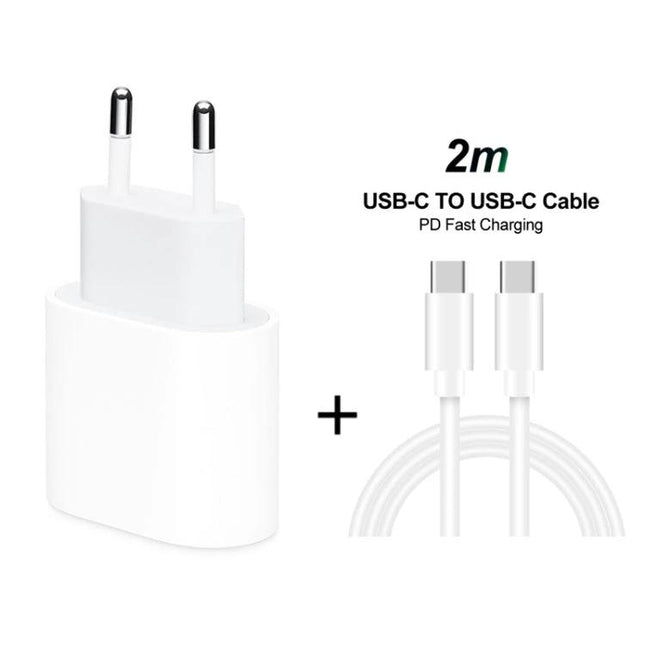 Practical Travel Charger Set for On-the-Go Device Power - compact white USB-C wall adapter and 2m USB-C to USB-C cable