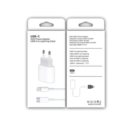 EU Plug Travel Charger Set for Daily Device Charging - compact EU plug charger and USB-C to Lightning cable in retail packaging